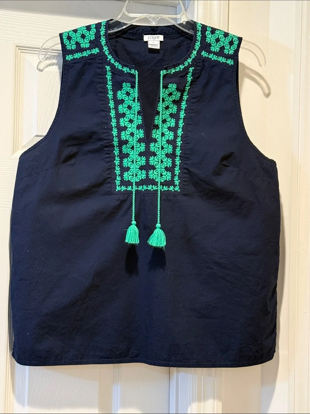 J. Crew Navy Tank Green Embroidered Front & Tassels Autumn Nautical Luncheon 10